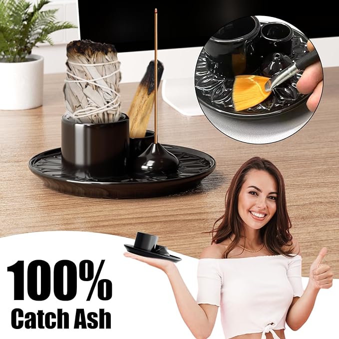 Palo Santo Holder - 4 in 1 Incense & Candle Holder - Ceramic Incense Holder Ash Catcher Tray for Meditation Room - Easy to Clean