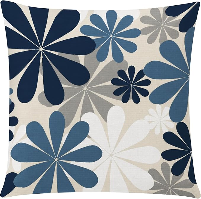 Blue White Pillow Covers 16x16 Set of 6, Daisy Dahlia Throw Pillow Cover, Beige Pillowcase, Modern Couch Pillow Cover for Sofa Living Room Farmhouse Home Decor