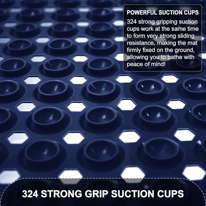 Bath Mat for Tub & Shower, Non Slip Soft Bathmat with Suction Cups & Drain Holes, Machine Washable Bathtub Floor Liner Mats for Bathroom, 35x16 Inch, Navy Blue