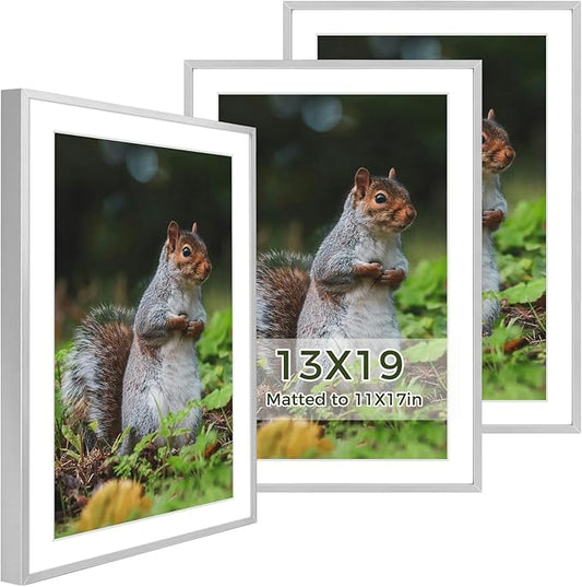 Golden State Art 13x19 Picture Frame 3 Pack - Aluminum Frames with 11x17 Removable Mats & Real Glass, Display 13x19 Posters or 11x17 Photos - Silver Gallery Wall Frames for Home Office Decor