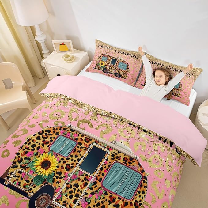 Camper Bedding Set Twin Size Comforter Cover for Kids Teen Girls Boys Room Decor,Happy Camping Theme Quilt Cover Leopard Cartoon Car Duvet Cover with 1 Pillowcase, Pink Golden