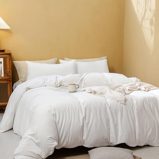 FOSSA White Duvet Cover Set, 100% Washed Cotton Linen Feel Super Soft Breathable Cozy 3 Pieces Bedding Sets Solid Off White Super King Plus