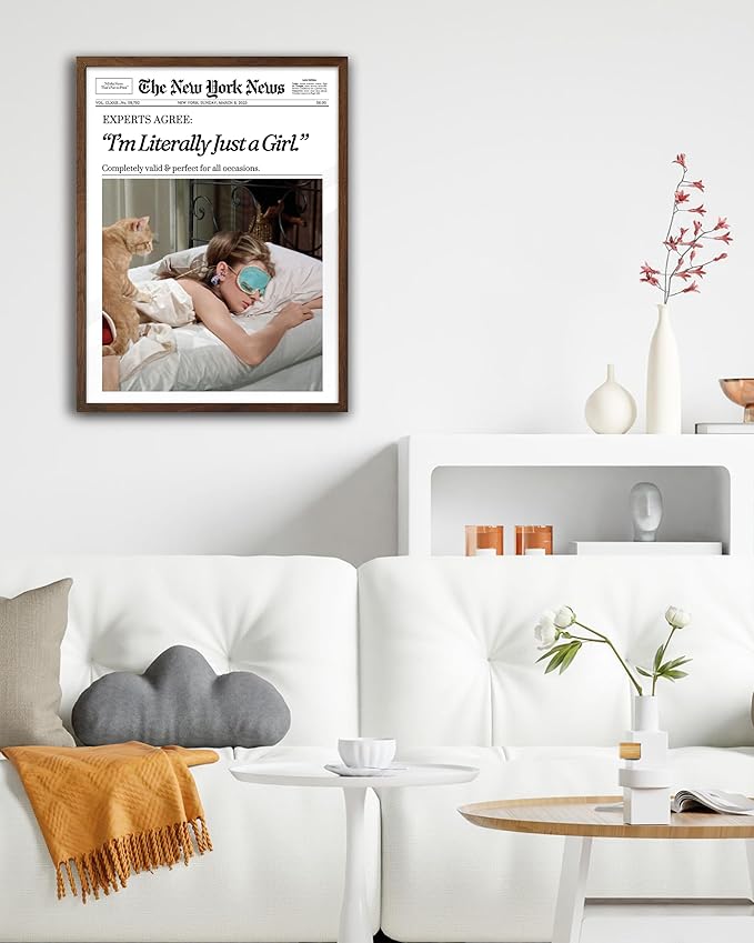 EcoHest Trendy Newspaper New York Magazine Framed Wall Art, 12x16 in Walnut Color OAK Wood I‘m Literally Just a Girl Canvas Wall Art, Magazine Preppy Home Decor, Set of 1 For Bedroom Living Room