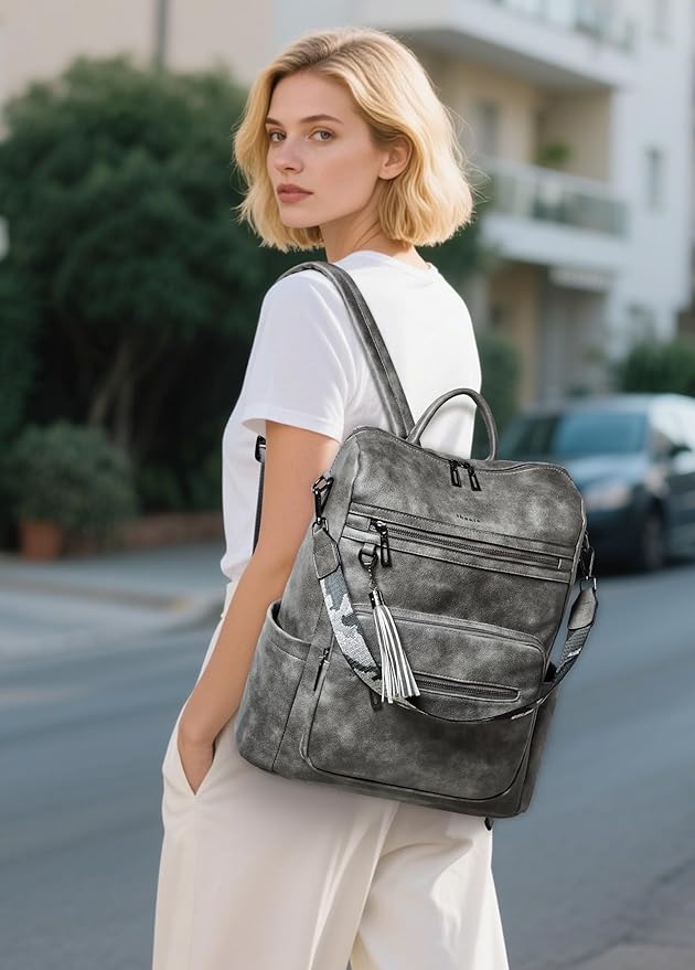 Shrrie 15.6 inch Laptop Backpack for Women,Large Leather Purse,Travel Backpacks Carry on,Water Resistant Casual Laptop Backpacks,College Backpack,Work Backpack for Women,Two-toned Deep Gray