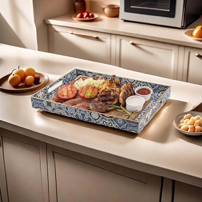 Large Serving Tray with Handles,Rectangle Plastic Serving Tray,Bohemian Blue Ottoman Trays Coffee Table Trays for Living Room,Decorative Tray for Coffee Table 16" x 12"