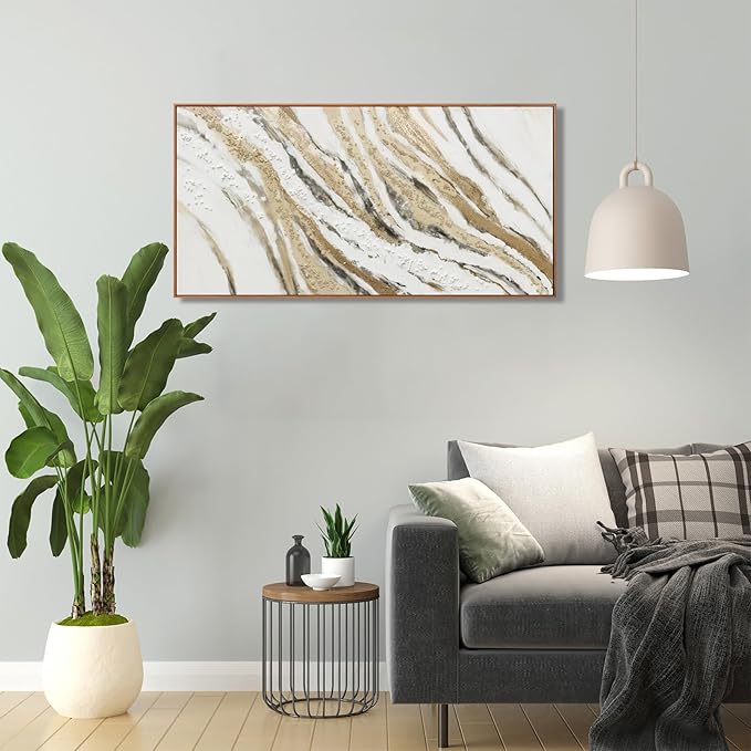 Abstract Wall Art Wall Decor Abstract Painting With Golden And White Lines Modern Canvas Art Abstract Artwork Framed Pictures For Living Room Bedroom Bathroom Office Home Decor Can Be Hung Directly 20"X 40"