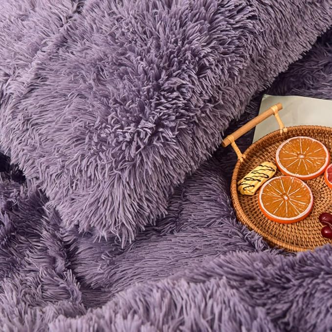MorroMorn 5 PCS Plush Shaggy Duvet Cover Sets, Luxury Shag Fluffy Comforter Cover Fuzzy Bedding Set - Long Faux Fur Ultra Soft Cozy (Dark Purple, King/California King)