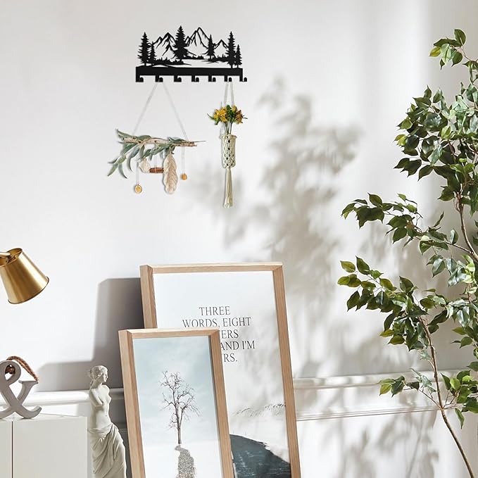 Key Holder Wall Mounted Key Hooks, Black Metal Key Rack Hooks, The Great Grove, Mountain Theme Wall Decoration Hooks, with 7 Hooks, Applicable to Front Doors, Lobby,Corridor, Offices (12 ")