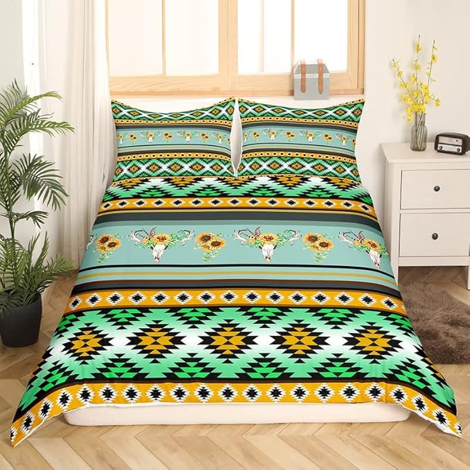 Feelyou Bohemia Duvet Cover Set Retro Geometric Boho Style Comforter Cover for Kids Adults Skull Sunflowers Bedding Set Teal