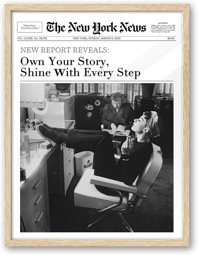 iHery Natural OAK Wood Audrey Hepburn Framed Wall Art, 12x16 in Own Your Story Shine With Every Step Canvas Wall Decor, Modern Trendy Newspaper Bedroom Decor, Set of 1 For Bathroom Living Room