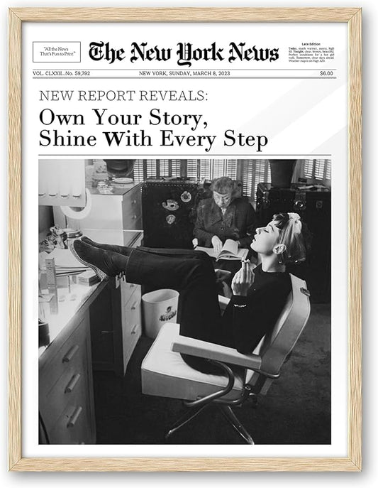 iHery Natural OAK Wood Audrey Hepburn Framed Wall Art, 12x16 in Own Your Story Shine With Every Step Canvas Wall Decor, Modern Trendy Newspaper Bedroom Decor, Set of 1 For Bathroom Living Room