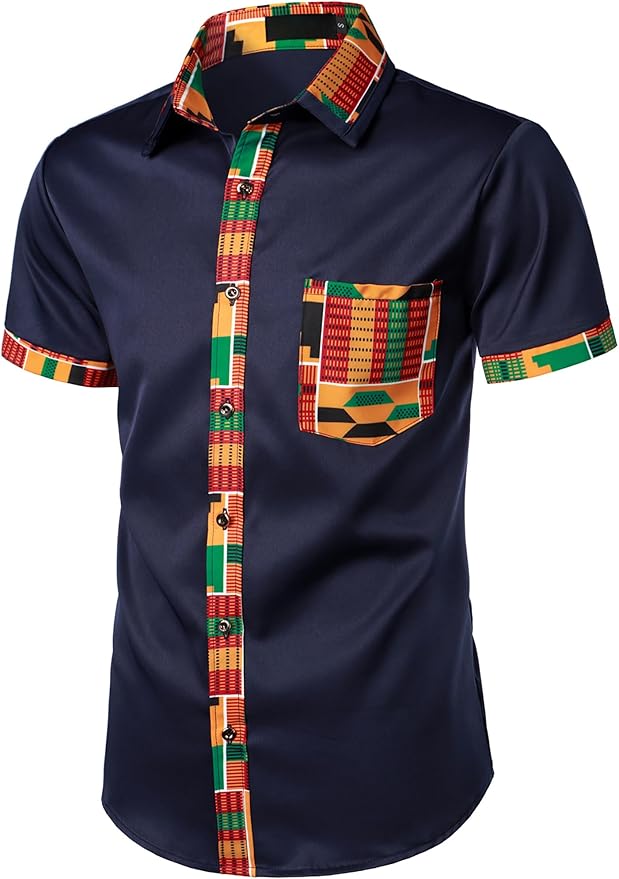 ZEROYAA Men's African Printed Patchwork Design Short Sleeve Button up Shirt
