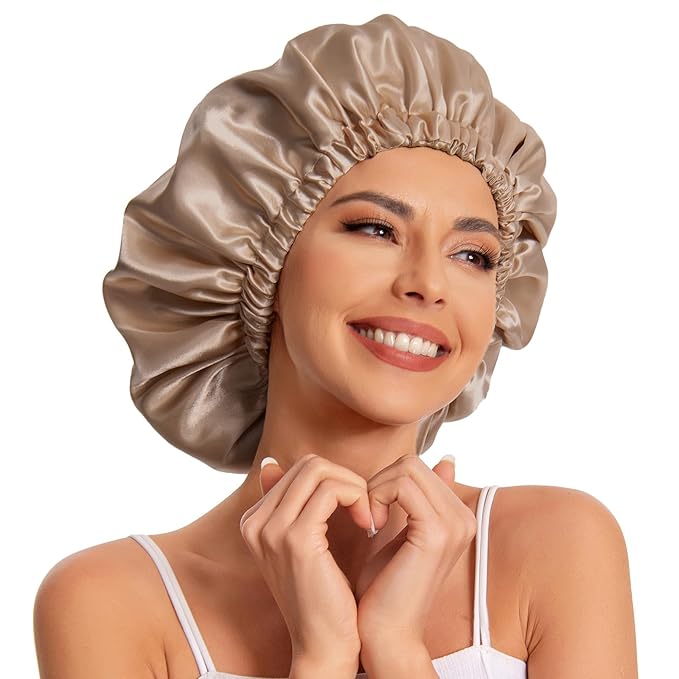 Satin Bonnet Silk Bonnet Hair Bonnet for Sleeping-Slouchy Beanie Hat Satin Sleep Cap for Women's Natural & Curly Hair(Khaki)
