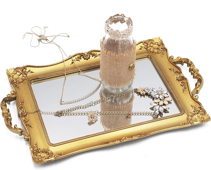 Antique Decorative Gold Framed Square Mirror Tray, Jewelry & Cosmetics Organizer for Dresser, Square - 9.5" W x 14.5" L (Golden)