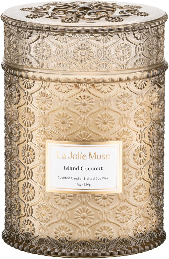 LA JOLIE MUSE Vanilla Coconut Candle, 19 oz Wood Wicked Candles for Home Scented, Natural Soy Wax, Large Glass Jar Candle, 90 Hours Long Burning, Island Coconut
