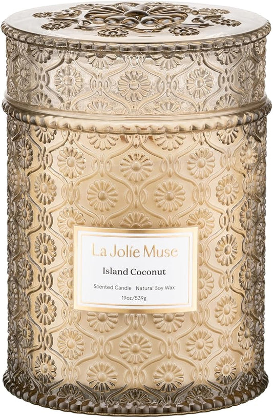 LA JOLIE MUSE Vanilla Coconut Candle, 19 oz Wood Wicked Candles for Home Scented, Natural Soy Wax, Large Glass Jar Candle, 90 Hours Long Burning, Island Coconut