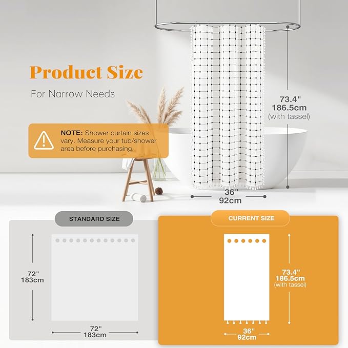 BTTN Boho Shower Stall Curtain - 36x72 Narrow Linen Ultra Thick Tassel Fabric Cloth Shower Curtain Set with 6 Plastic Hooks, Half Modern Farmhouse Country Shower Curtains for Bathroom, White and Black