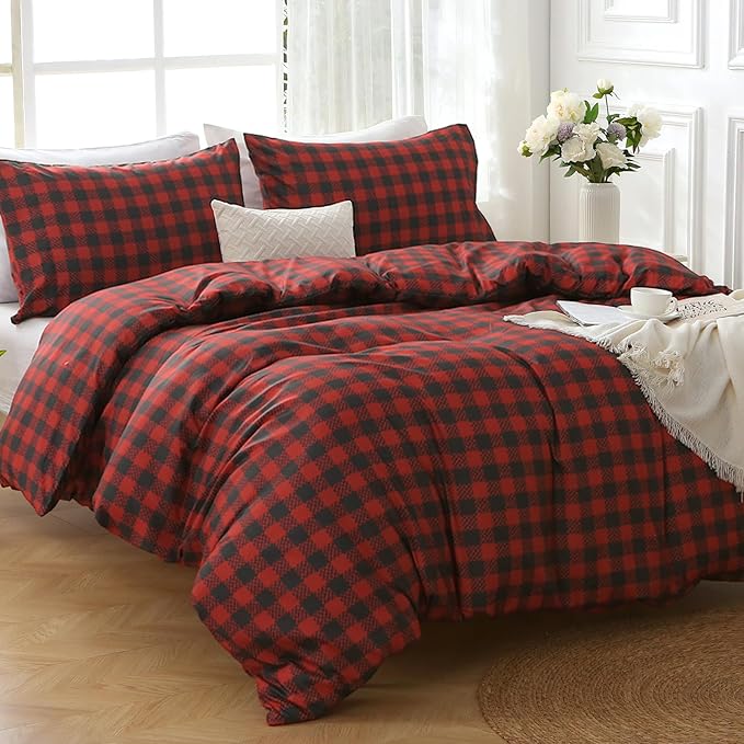 MUXHOMO Duvet Cover Full Size Floral Duvet Cover Set with Zipper Closure, Red Plaid Bedding Set, 3 Pieces, 1 Duvet Cover 80"x90" with 4 Corner Ties and 2 Pillowcases 20"x26"