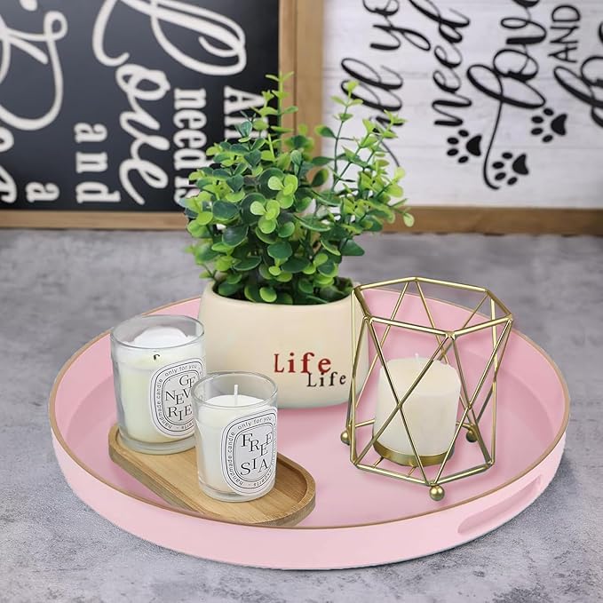 Pink Decorative Tray,Elegant Round Plastic Serving Tray with Handles,Round Ottoman Trays Coffee Table Trays for Living Room,Home Decor 13"