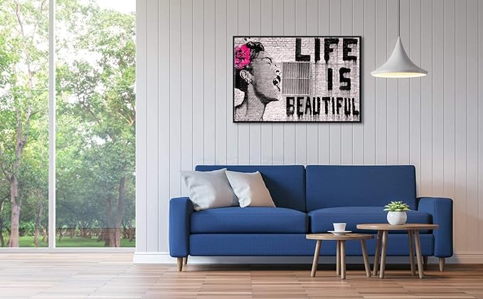 Wieco Art Framed Art Canvas Prints of Banksy Life is Beautiful Abstract Artwork for Wall Decor Black Frame BANKSY-2-6090-BF