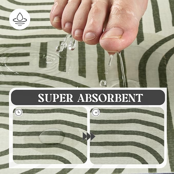 MontVoo -Bath Mat-Non Slip Thin Bathroom Rugs Fit Under Door- Quick Dry Absorbent Faux Suede Surface Grey Bathroom Floor Mats-Shower Rug for in Front of Bathtub Shower Ivory & Green Arched 16x24