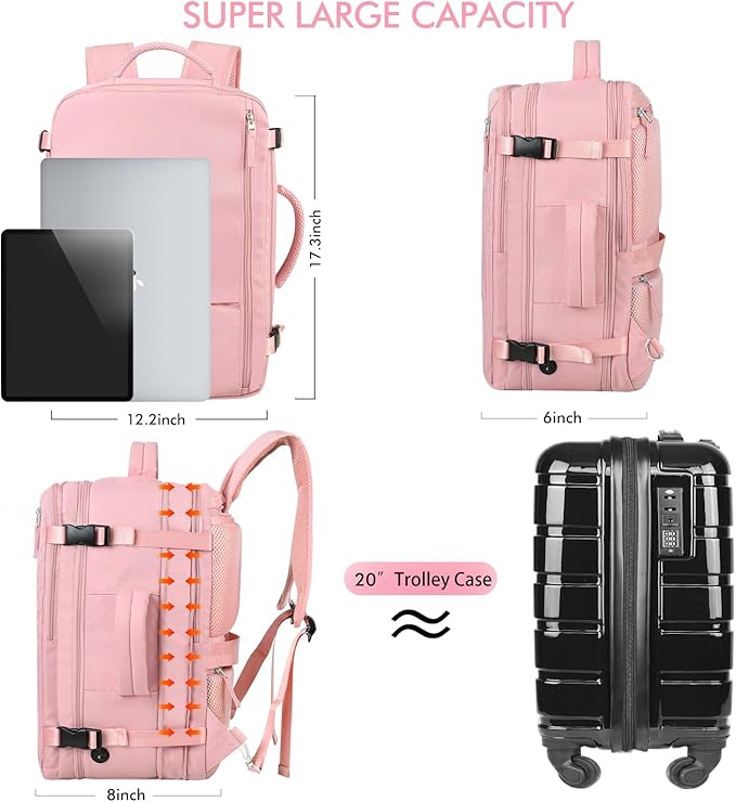 Beraliy Large Travel Backpack for Women, Personal Item Bag Airline Approved, Carry On Luggage, 17 inch Laptop Backpack, Waterproof Backpack, Hiking Backpack, Pink