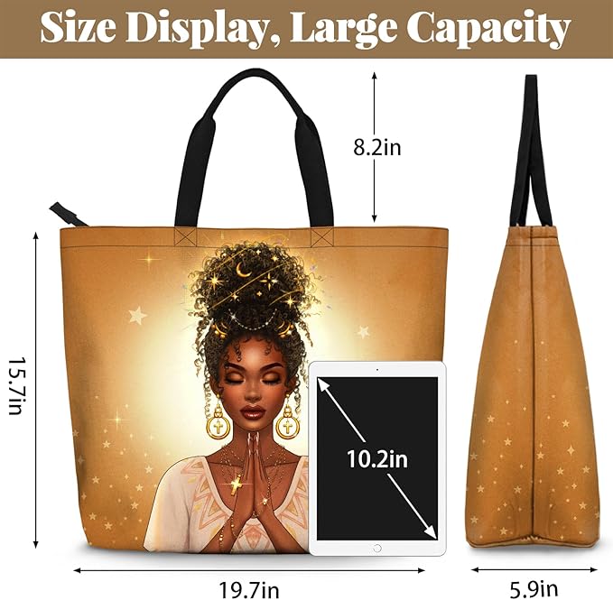 African American Women Tote Bag Black Shoulder Handbag For Women Fit Work Beach Labtops With Zip