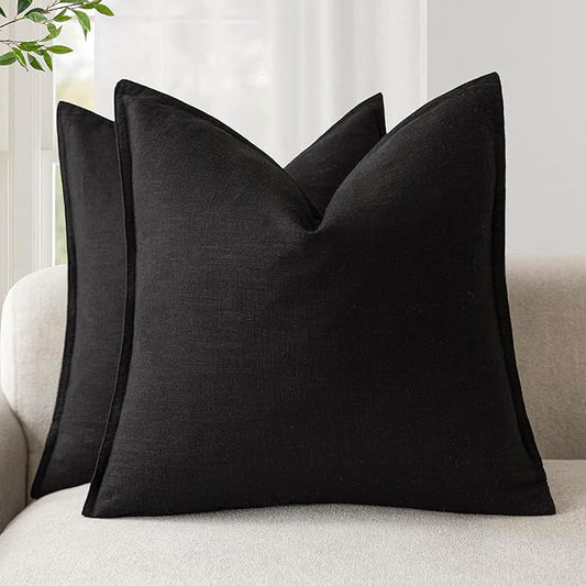 Foindtower Pack of 2, Decorative Linen Soild Throw Pillow Covers Soft Accent Cushion Case Boho Farmhouse Neutral Pillowcase for Chair Couch Sofa Bedroom Living Room Home Decor 16 x 16 Inch Black