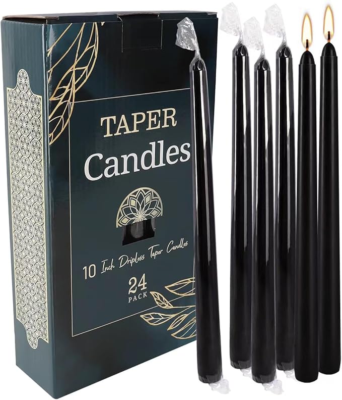 24 Pack Black Taper Candles, 7-8 Hours Burn Time, Unscented, Smokeless and Dripless, 0.75 x 10 Inch Dinner Candle Set for Household, Wedding, Party and Home Décor Candlesticks