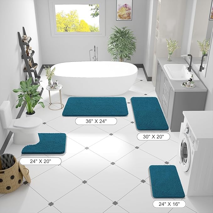 OLANLY Bathroom Rugs 36x24, Extra Soft Absorbent Chenille Bath Rugs, Rubber Backing Quick Dry, Machine Washable Bath Mats for Bathroom Floor, Tub and Shower, Home Decor Accessories, Peacock Blue
