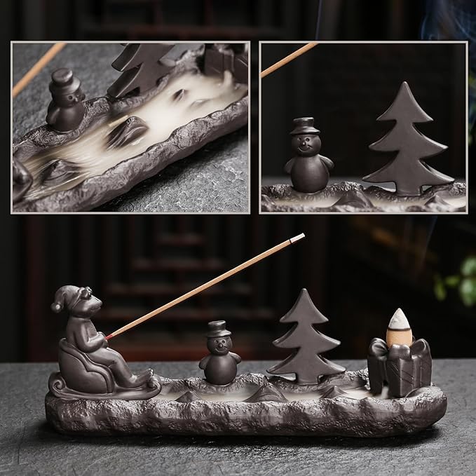 ChangWanna Christmas Frog Incense Burner - Xmas Incense Holder Ash Catcher, Ceramic Cone Backflow Incense Stand Smoke Fountain with 45 Sticks & 12 Cones, Frog Ornament for Aromatherapy/Yoga/Home Decor