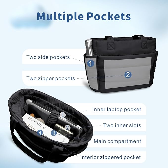 TOPDesign Puffer Tote Bag for Women, Lightweight Puffy Handbag with Compartments, Quilted Shoulder Bag for Work, Travel, Gym