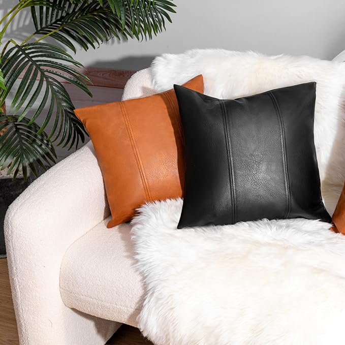 Faux Leather Throw Pillow Cover 16X16 Inch Set of 2 Black Outdoor Modern Farmhouse Solid Decorative Pillow Covers for Room Couch Living Bedroom Bed Sofa