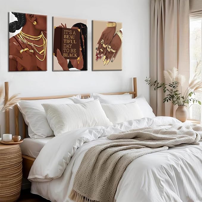 Marllifenney 3 Pcs Black Woman Wall Art Framed Black Girl Posters Abstract African American Canvas Prints Black Women Painting Decor Modern Boho Female Pictures for Bedroom Living Room Office 16x24in