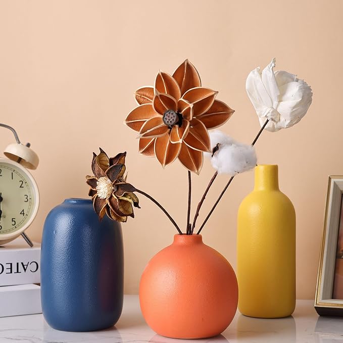 Ceramic Vase Set of 3, Small Flower Vases for Rustic Home Decor, Modern Farmhouse, Living Room, Shelf, Table, Bookshelf, Mantel and Entryway - Yellow, Orange, Blue (A)