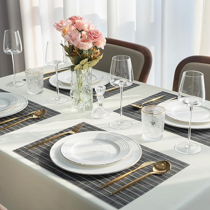 Placemats Set of 8 Vinyl/Plastic Woven Place Mats for Kitchen Table Indoor/Outdoor Washable Placemat Wipeable Dining Table Mats (Black Stripes,8)