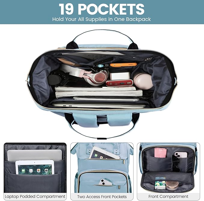 LOVEVOOK Laptop Backpack for Women,15.6 Inch Professional Womens Travel Backpack Purse Computer Laptop Bag Nurse Teacher Backpack,Waterproof College Work Bags Carry on Back Pack with USB Port,Sky Blue