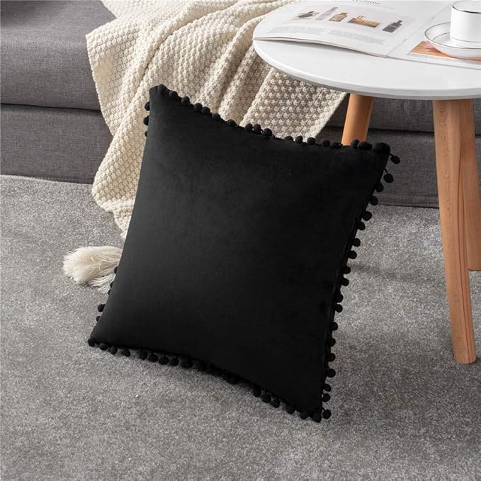 DEZENE Decorative Pillow Covers 20x20 Black: 2 Pack Cozy Soft Pom-poms Velvet Square Throw Pillow Cases for Farmhouse Home Decor
