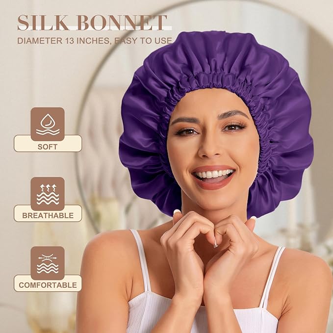 Satin Bonnet Silk Bonnet Hair Bonnet for Sleeping-Slouchy Beanie Hat Satin Sleep Cap for Women's Natural & Curly Hair(Purple)