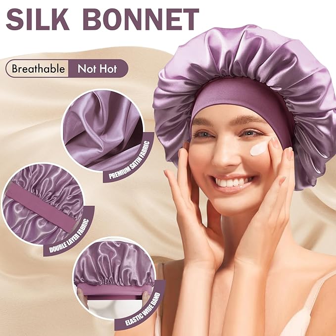 Satin Silk Bonnet for Sleeping, Double Layer Silk Sleep Cap for Men & Women, Soft Satin Lined Bonnet for Natural & Curly Hair(Dark Purple)
