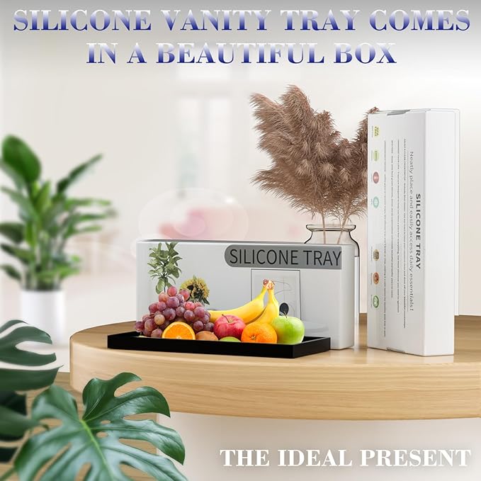 BBK Bathroom Vanity Tray- 2 Pack (7.8" and 11.8") Silicone Bathroom Tray for Counter, Perfume Key Trinket Ring Tray, Decor Soap Dispenser Countertop Tray for Kitchen Sink Organization.(Black)