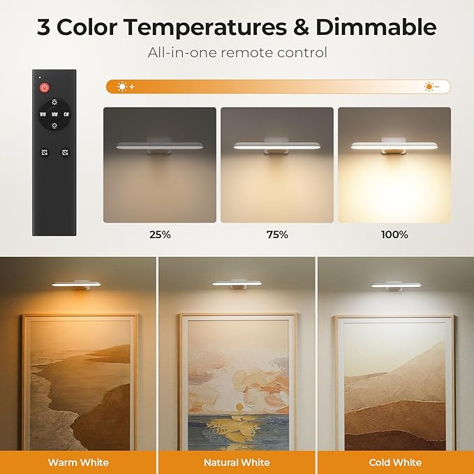 FULEN Picture Lights Battery Operated, Rechargeable Picture Frame Lights for Wall, LED Cordless Wall Lights for Arts,Paintings,Gallery&Dartboard,3 Color Temperatures, Remote Control,White,2 Pack
