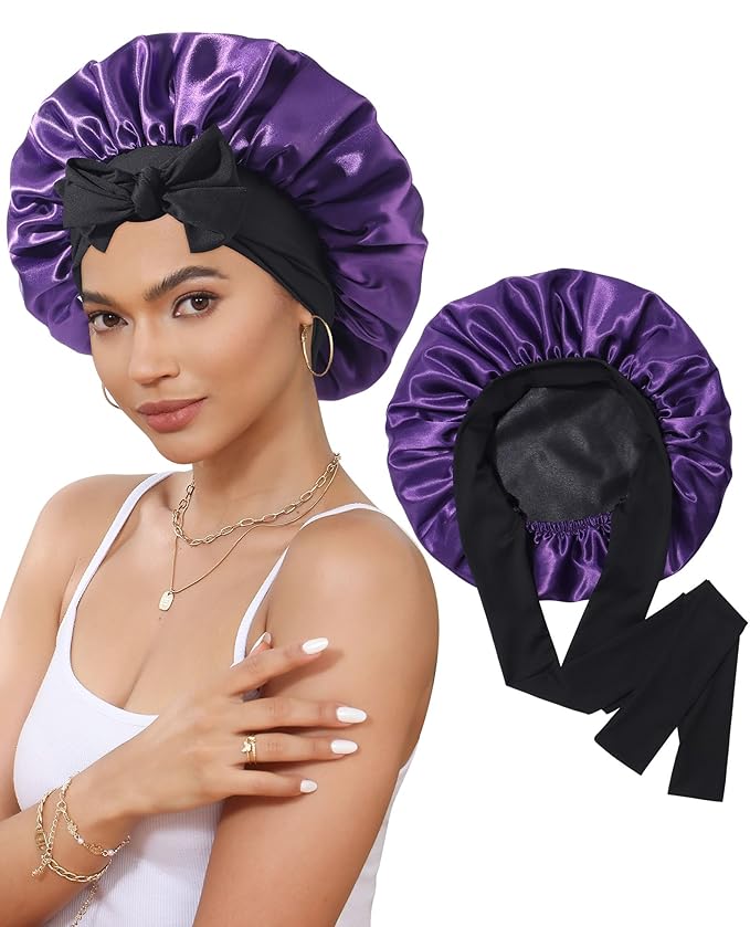 Satin Bonnet Silk Bonnet for Sleeping Silk Sleep Cap Double Layer Hair Bonnet with Elastic Tie Band for Curly Hair Night Cap(Black+Dark Purple)