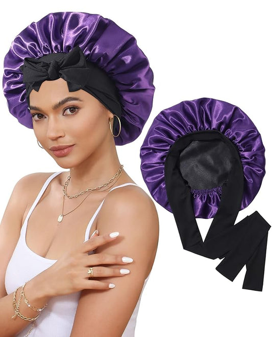 Satin Bonnet Silk Bonnet for Sleeping Silk Sleep Cap Double Layer Hair Bonnet with Elastic Tie Band for Curly Hair Night Cap(Black+Dark Purple)