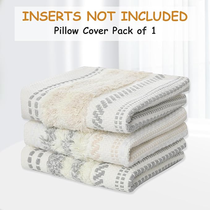 decorUhome Decorative Boho Throw Pillow Cover 20x20, Accent Neutral Textured Tufted Pillow Cover Striped for Couch Bed Sofa, Light Grey and Cream White, Pack of 1