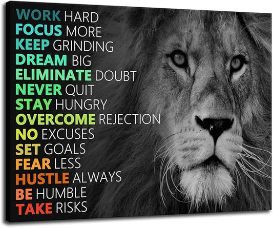 Motivational Canvas Wall Art Lion Inspirational Poster Animal Inspiring Canvas Prints Artwork for Office Living Room Modern Home Decor Painting Stretched and Framed Ready to Hang [24''Wx 18''H]
