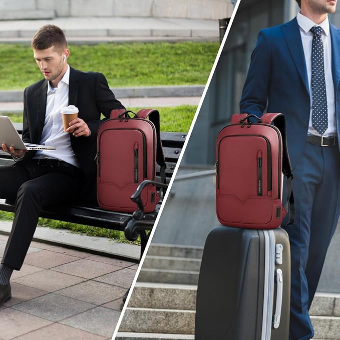 hk Backpack for Men Business Slim Backpack with USB Charger Computer Lightweight Anti-theft Travel (Red, 15.6 Inch)