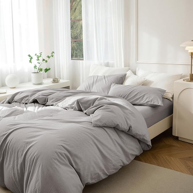 JIYUAN 100% Washed Cotton Duvet Cover Set 3 Pieces Full, 1 Duvet Cover 80x90 Inches(Comforter Not Included) and 2 Pillowcases,Linen Feel Bedding Set Comfy and Breathable, Heathered Pastel Grey