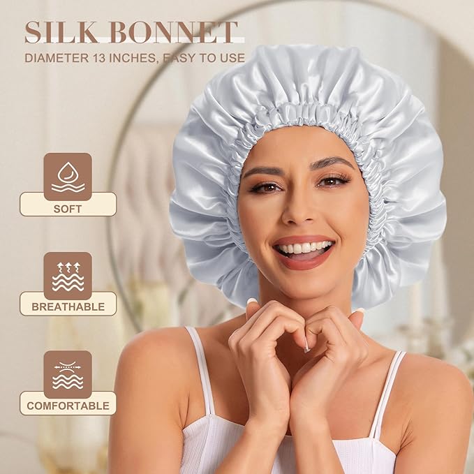 Satin Bonnet Silk Bonnet Hair Bonnet for Sleeping-Slouchy Beanie Hat Satin Sleep Cap for Women's Natural & Curly Hair(Grey)