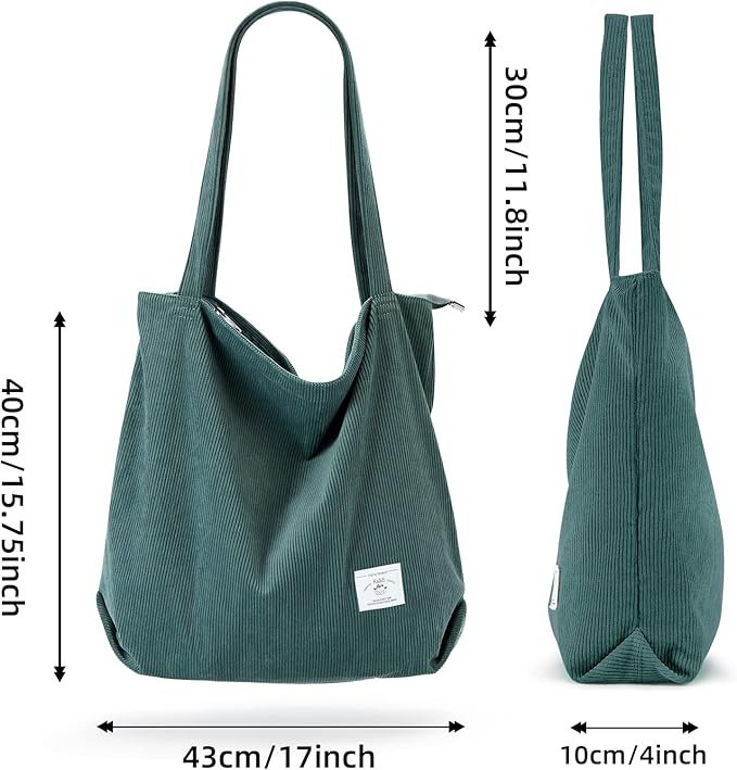 KALIDI Women Corduroy Tote Bag Zipper Casual Tote's Handbag Big Capacity Shoulder Bag with Pockets